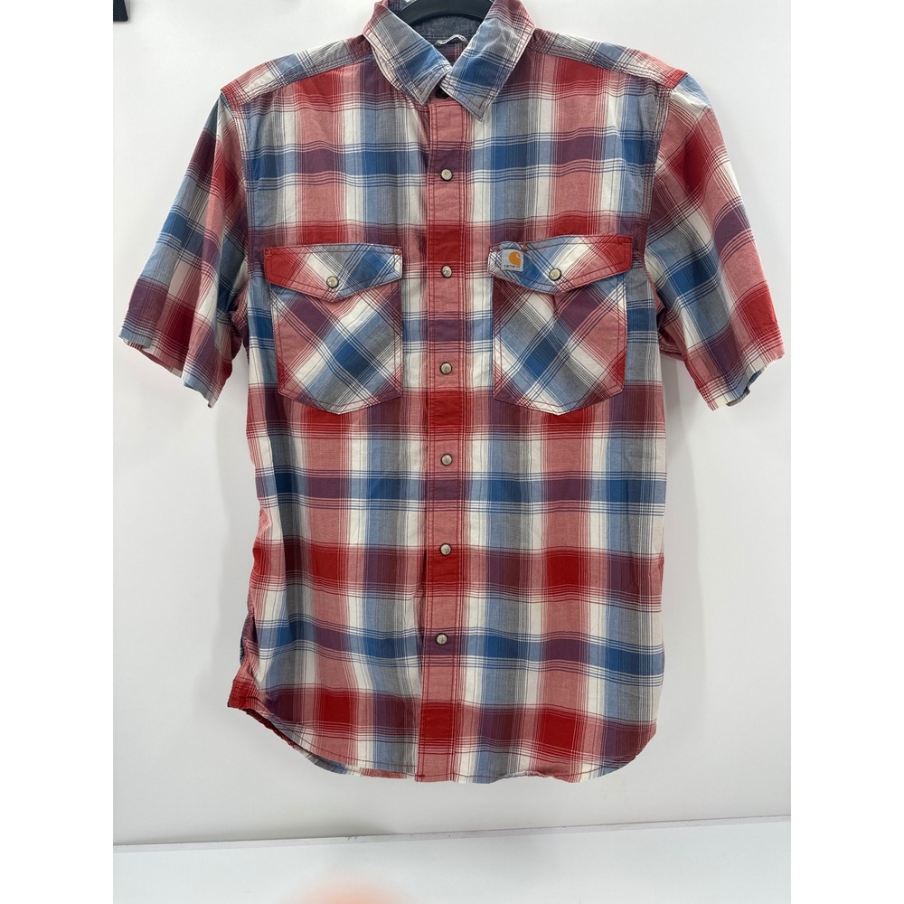 Carhartt‎ Mens Relaxed Fit Plaid Short Sleeve Snap Front Work Shirt Red Blue S
